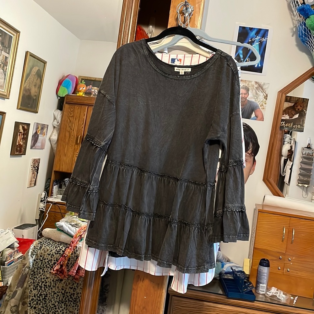 Indigo thread company xl acid wash layer top with bell sleeve